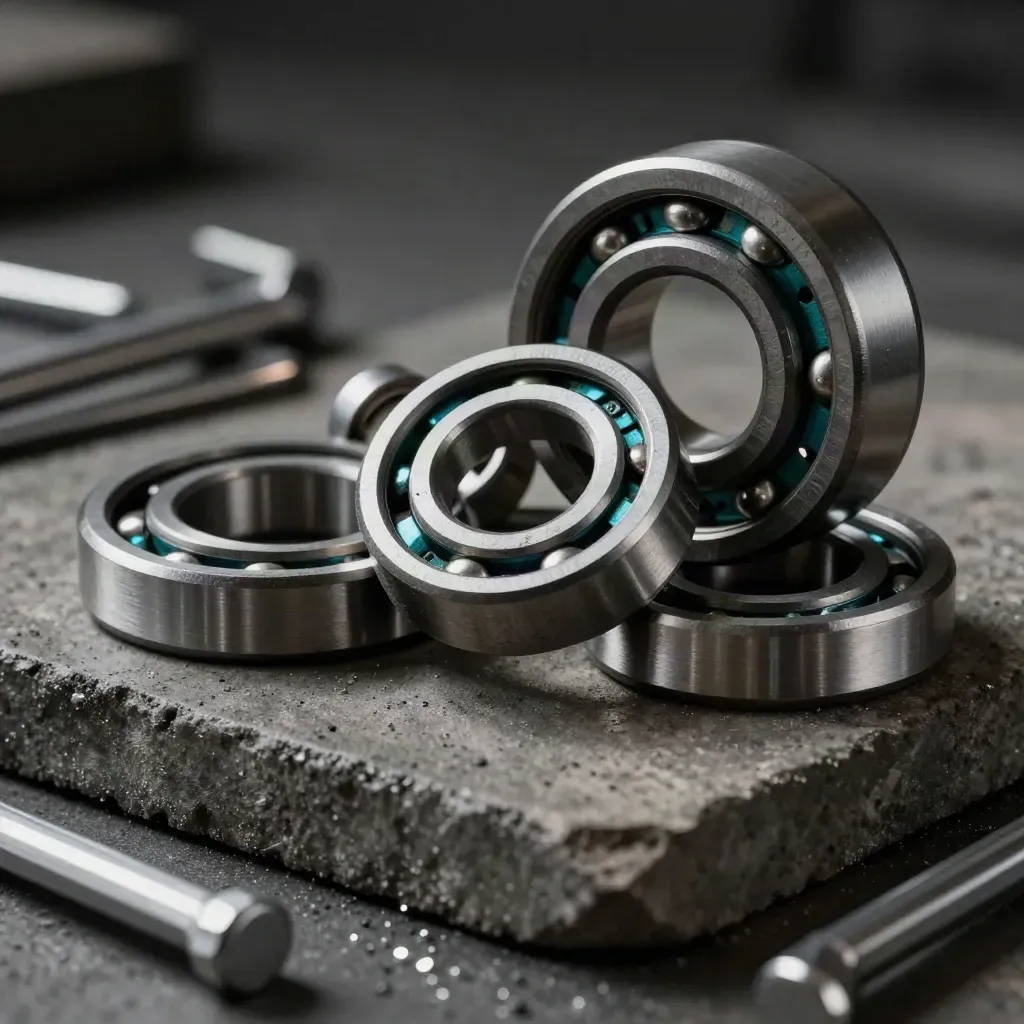 Machined bearings, hex keys, and steel spacer rings on dark concrete with teal accent.