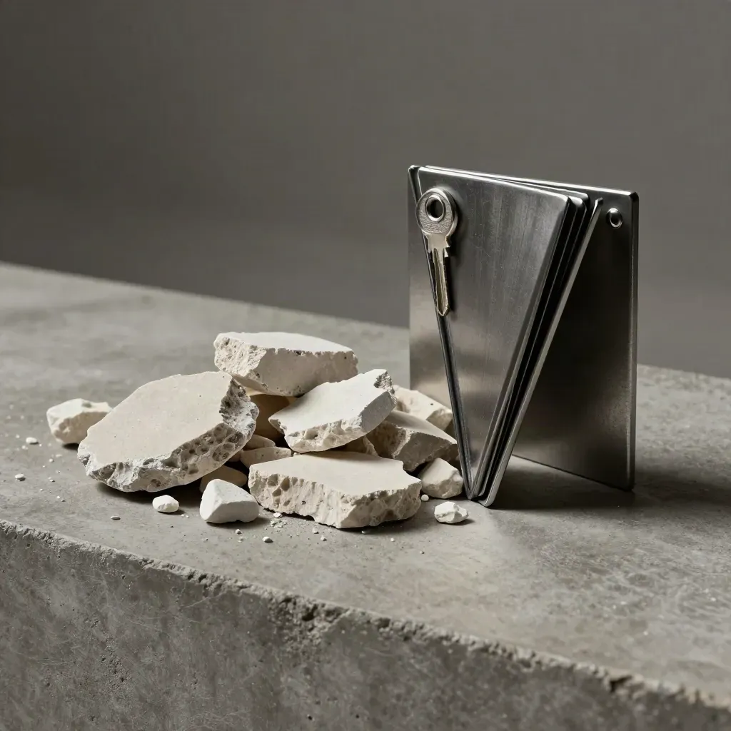 Architecture materials still life with limestone chips, a metal square, and an open sample case on concrete.