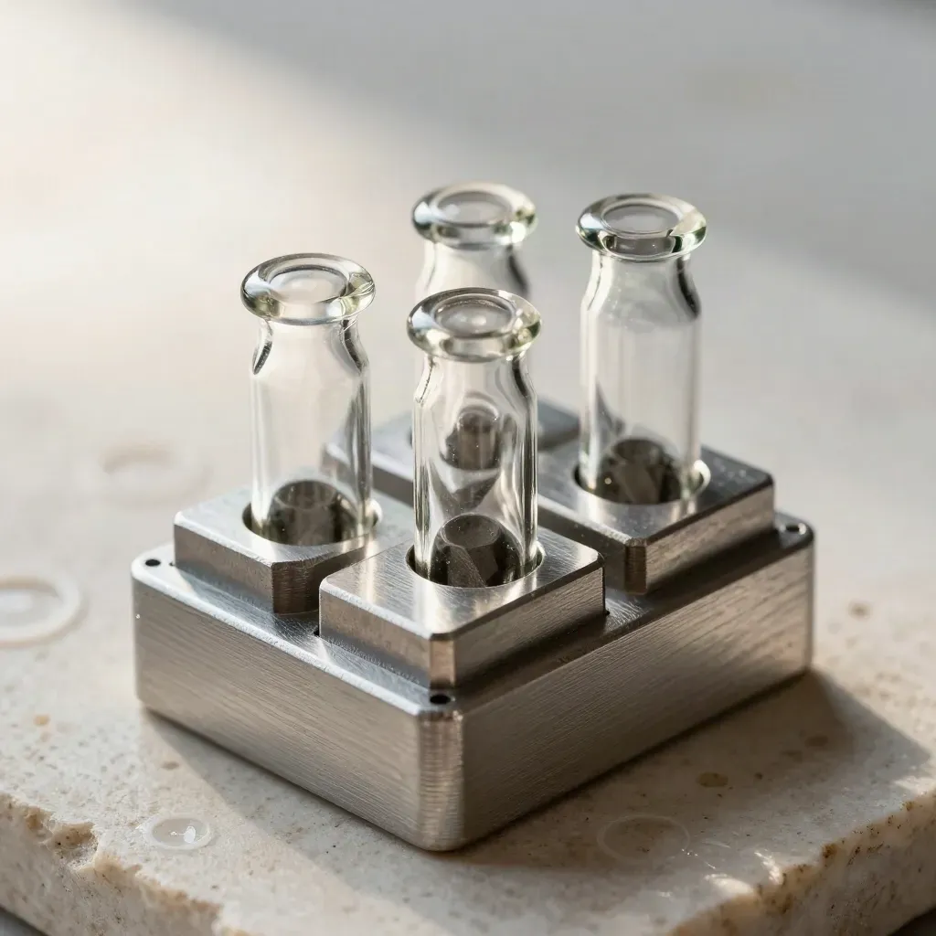 Macro still life of uncapped lab vials, aluminum blocks, and a steel rack on pale stone.