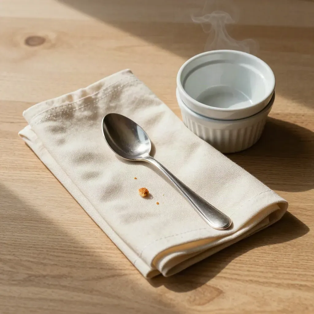 Top-down still life of folded napkins, ramekins, and a tasting spoon on warm oak.