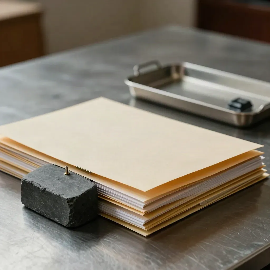 Sealed legal folders, brass clips and a stone paperweight on brushed metal in dramatic side light.