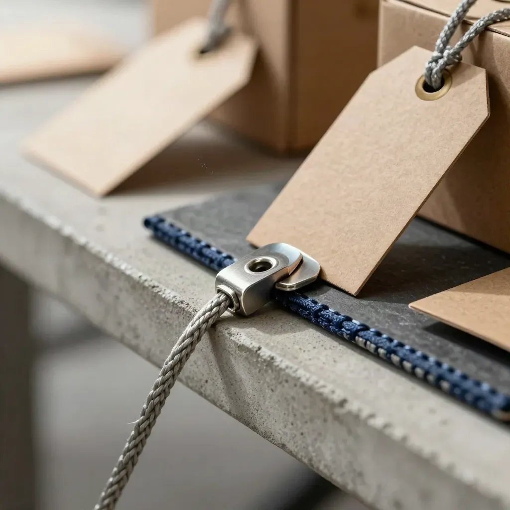 Braided cargo cord, shipping tags, and a metal seal on concrete in a macro logistics still life.