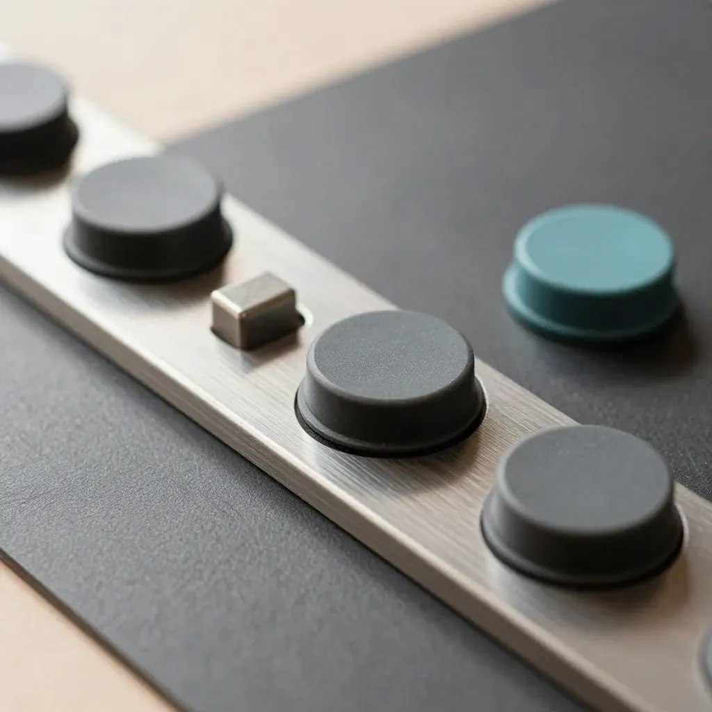 Top-down macro of matte magnetic task pucks on a square steel clip rail.