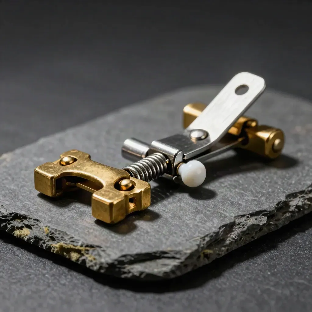 Brass toggle pieces and a spring clamp on graphite stone under dramatic white light.