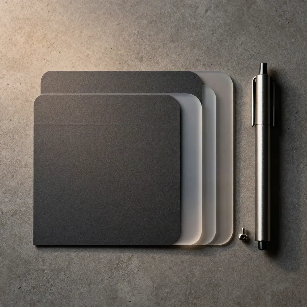 Blank timeline tabs and a brushed metal marker arranged diagonally on graphite concrete.