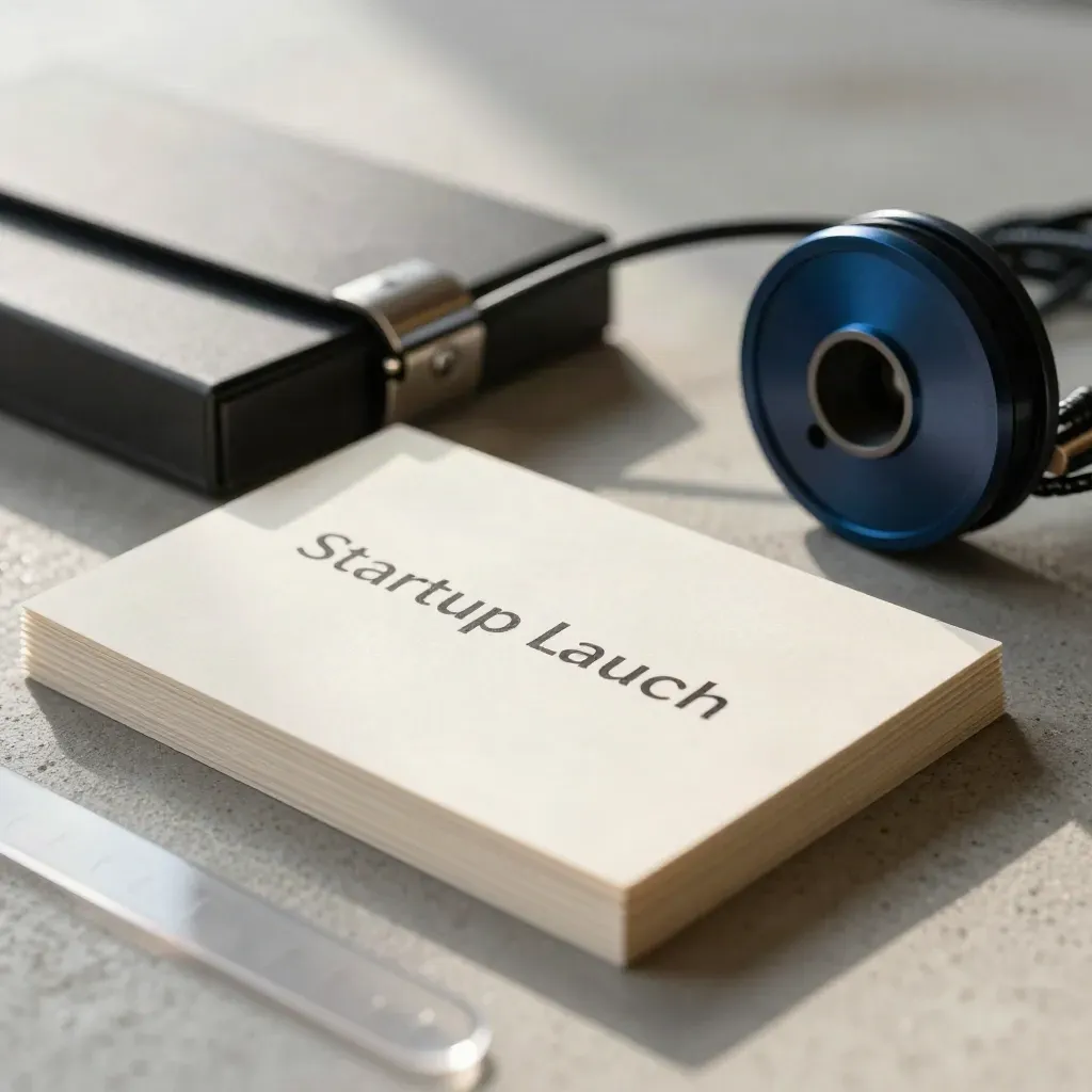 Macro still life of startup launch tools: planning cards, clip box and cable spool behind frosted acrylic.