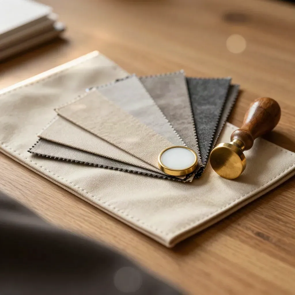 Close-up of a document pouch, fabric swatches, and a brass seal on warm oak.