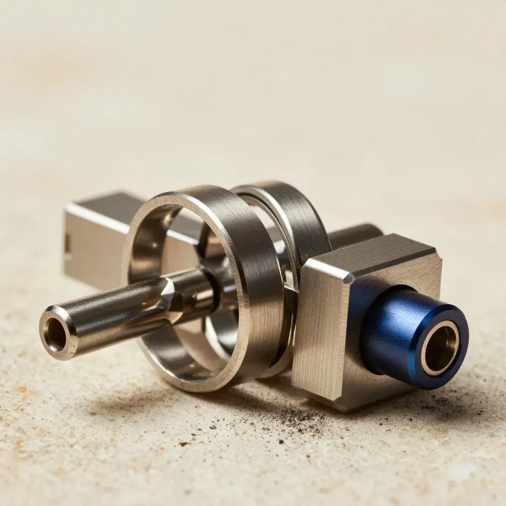 Macro still life of linked metal rings, connector pin, and bridge block on cream stone.