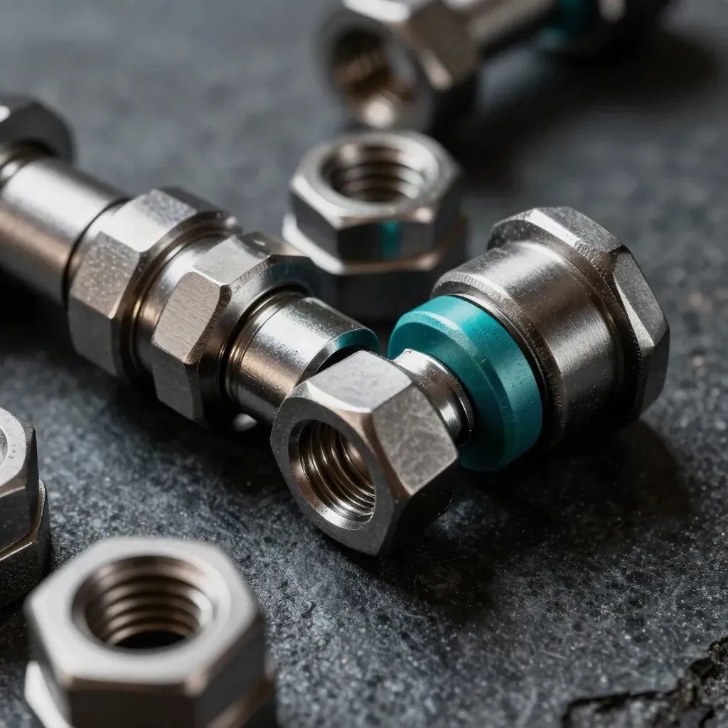 Top-down macro of meshed metal couplers, hex sockets, and a teal accent on dark stone.