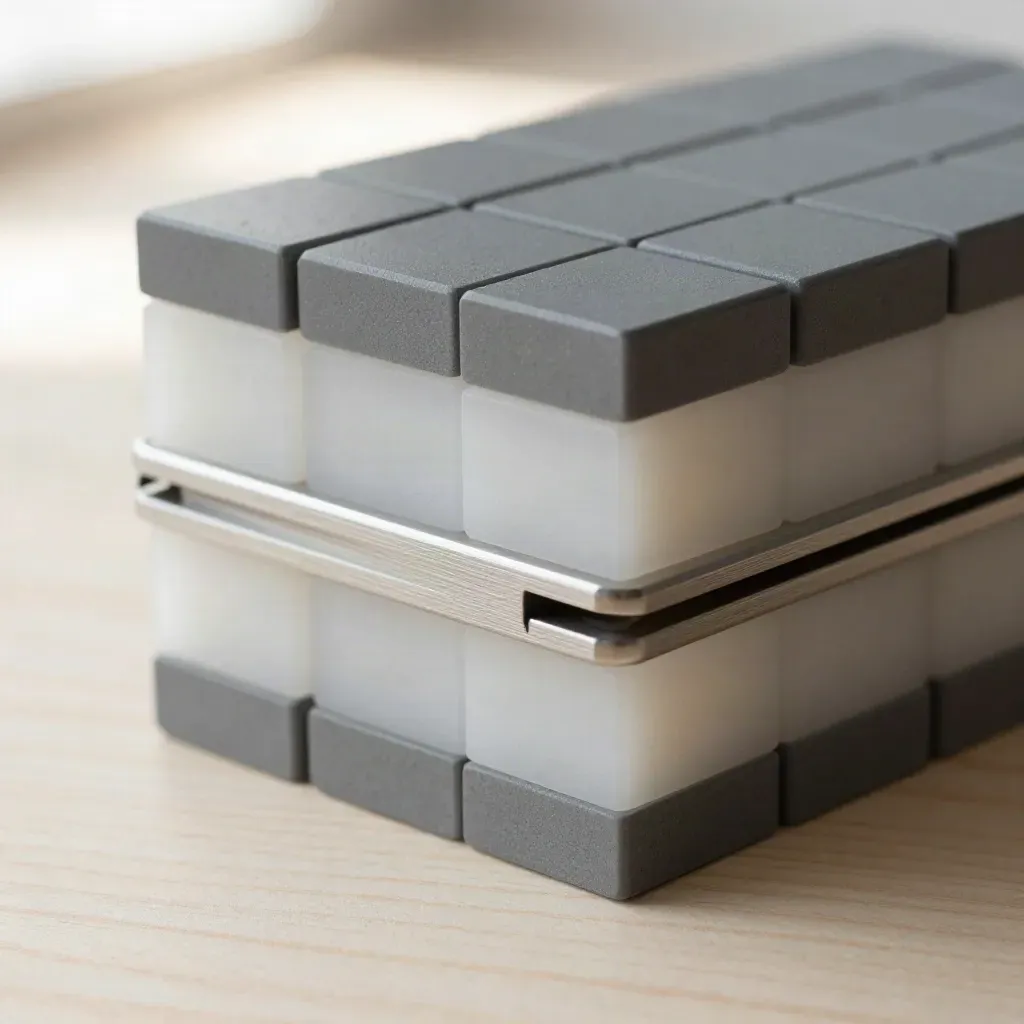 Macro still life of stacked modular blocks, frosted separators, and a joiner bar on pale wood