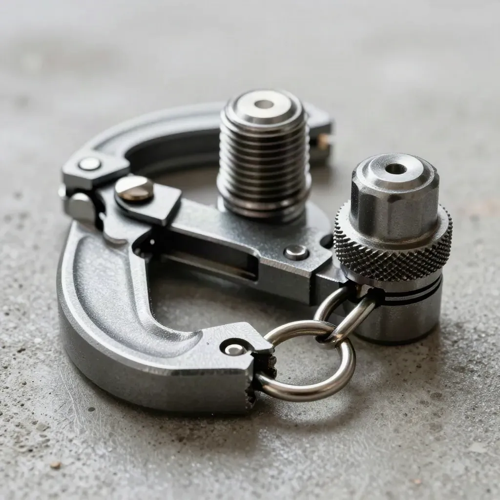 Steel clamps, threaded collar, and linked loop closing on brushed concrete in soft rim light.