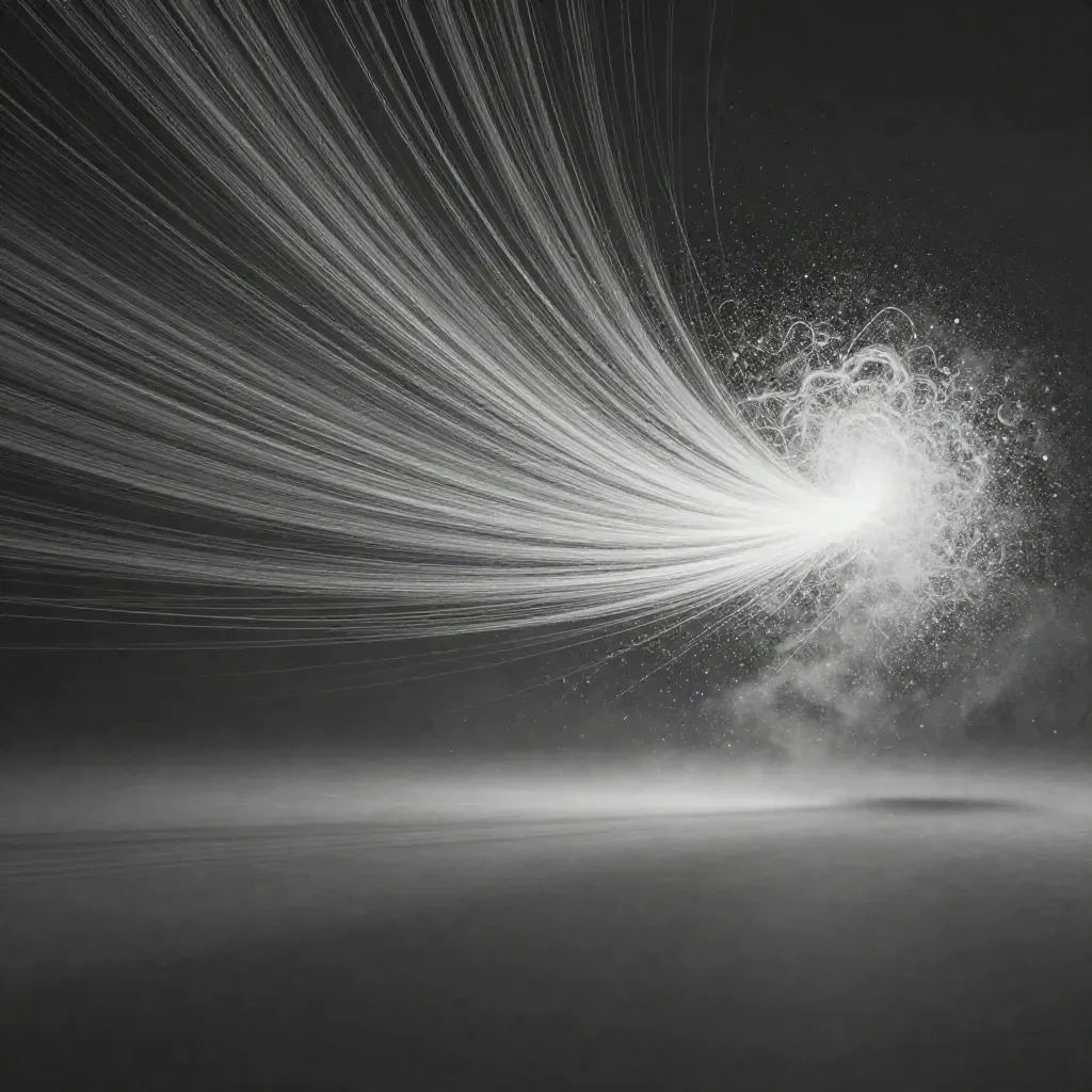 Silver filaments bloom in graphite haze with drifting motes and calm copy space.